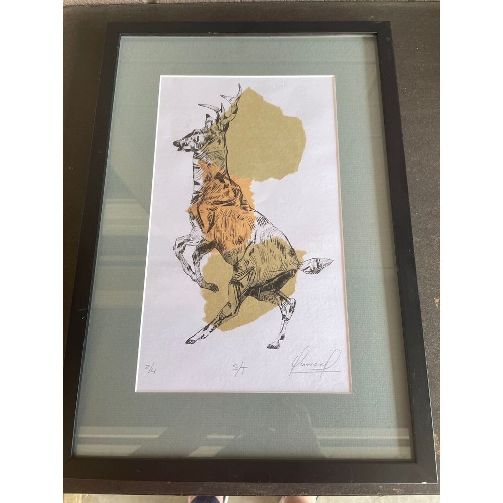 Deer Elk Animal Ink Sketched Hanging Art Torn Paper Frame Signed Ltd Ed 12x17.5"